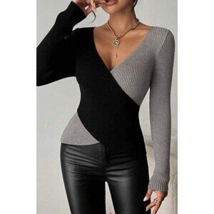 Casual Black Gray Crisscross V- Neck Pullovers